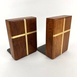 Walnut and Brass Inlaid Cross Bookends Mid Century Modern